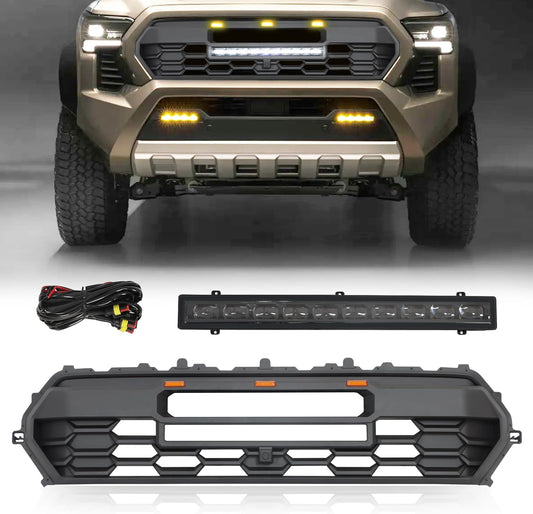 2024 Tacoma Grill Front Hollow Grill Compatible with 2024 2025 Tacoma, ABS grille with high-mount amber LED accent lights and LED Light （Glossy Black Style）