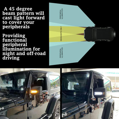 LED Side Mirror with Amber Sequential Turn Signal Lights and White Daytime Running Lights Fit for Jeep Wrangler JK JKU 2007-2018 (1 Pair)
