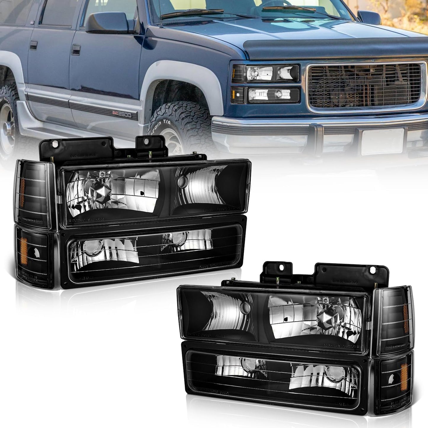 Headlights for 1994-1998 GMC C/K 1500 2500 3500 Sierra; for 94-99 GMC C/K 1500 2500 Suburban Yukon Headlight Assembly 94 95 96 97 98 Headlamp+Corner Side Marker Lights+Bumper Signal Lights