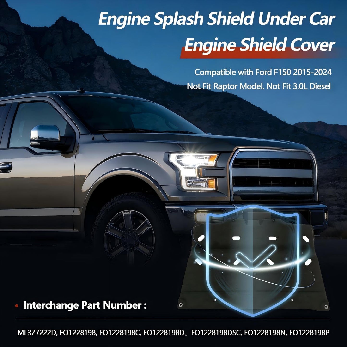 Engine Splash Shield Under Car Engine Shield Cover Compatible with Ford F150 2015-2024 (Not Fit Raptor) FO1228198C ML3Z7222D ML3Z-7222-D