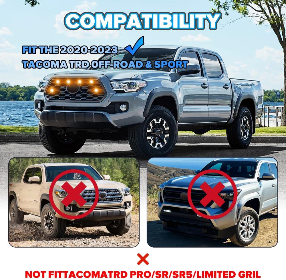 Teguangmei 6PCS Front Grill Lights Compatible with Toyota Tacoma TRD Off Road & Sport OEM Grill 2020 2021 2022 2023, LED Grille Light Bar with 6-in-1 Wire Harness & Two Fuse Adaptor (Amber)