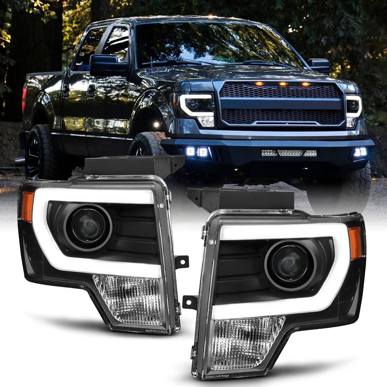 09-14 Ford F150 Light Duty Pickup Black Bazel C-Shape LED light Tube Projector Headlights