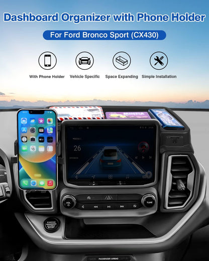 Autorder Phone Holder Mount for 2021 2022 2023 2024 Ford Bronco Sport Accessories Center Console Dashboard Organizer with Phone Stand with Anti-Slip Mat