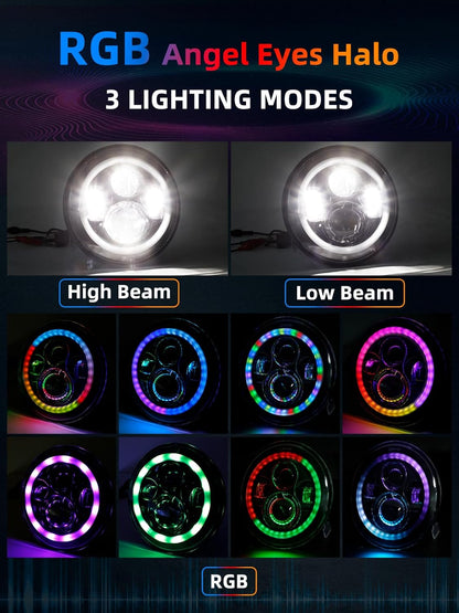7" Inch  RGB LED Headlights Bluetooth & IR Controlled with Dancing Halo Ring Compatible with 1997-2018 Jeep Wrangler TJ JK - OMOTOR
