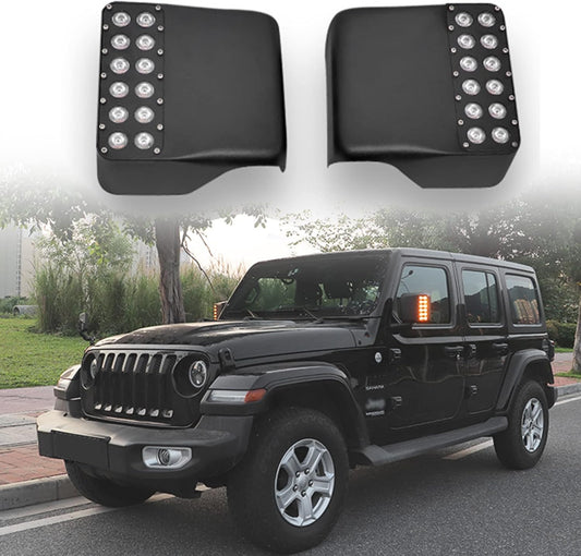 LED Side Mirror Lights Rear View Mirror Housing Replacement Cover w/Dual Row Amber Turn Signal Lights & DRL White Spot Light for Jeep Wrangler JL JLU Gladiator JT 2018-2022 2023 (Flood Lens)