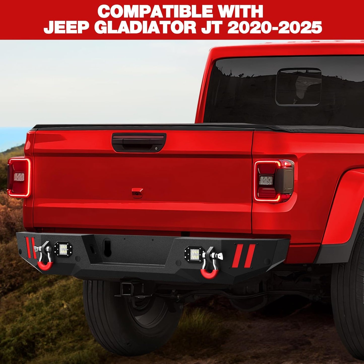 Rear Bumper Compatible with Jeep Gladiator JT 2020 2021 2022 2023 2024 2025, Textured Black Pickup Truck Bumper for 2020-2025 Gladiator JT, with Step Plate, Lights, Sensor Holes and D-rings