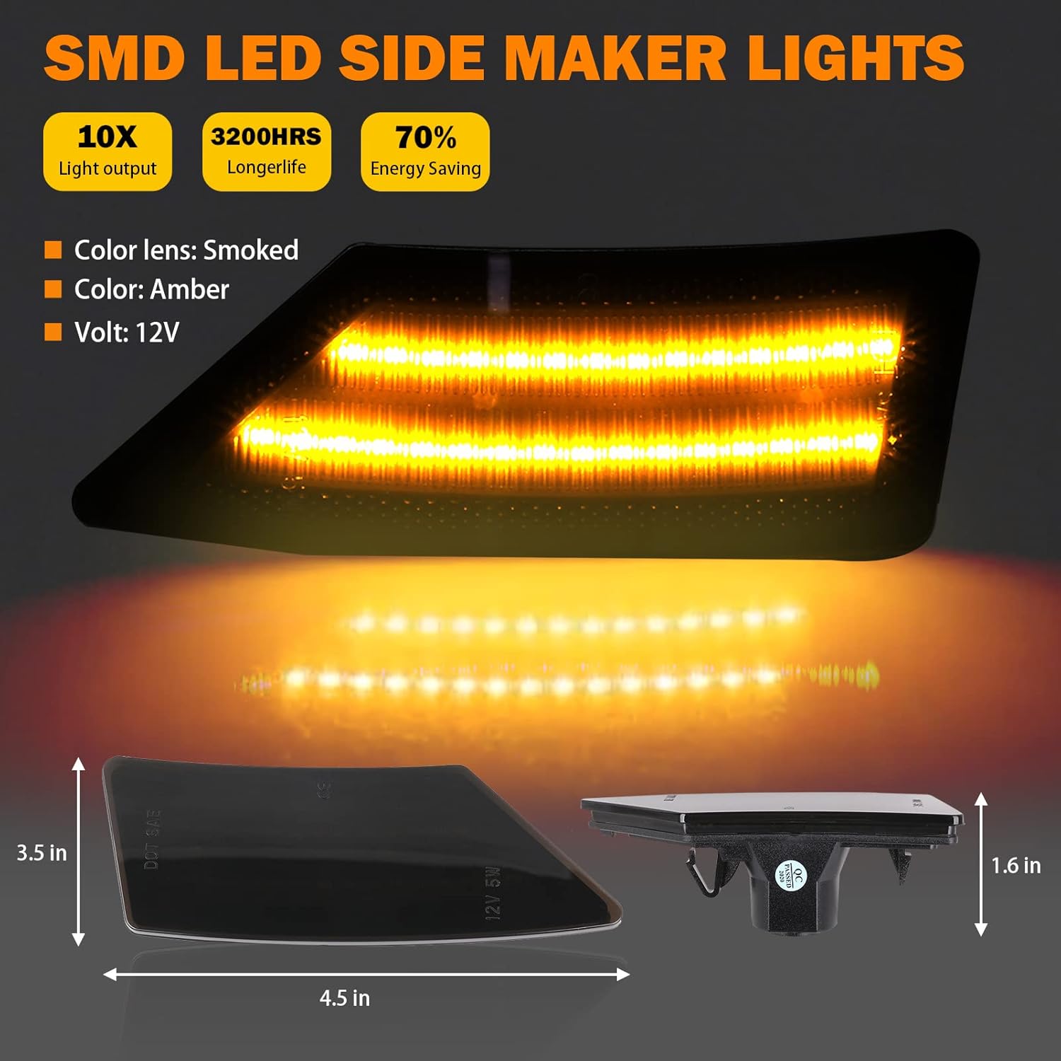 LED Side Marker Lights for Ford Ranger Lariat XL XLT 2019 2020 2021 2022 Ranger Smoked Lens Black Side Markers Fender Lamp Full Amber LED Strip Front Bumper Side Marker Turn Signals Side Light Lamps