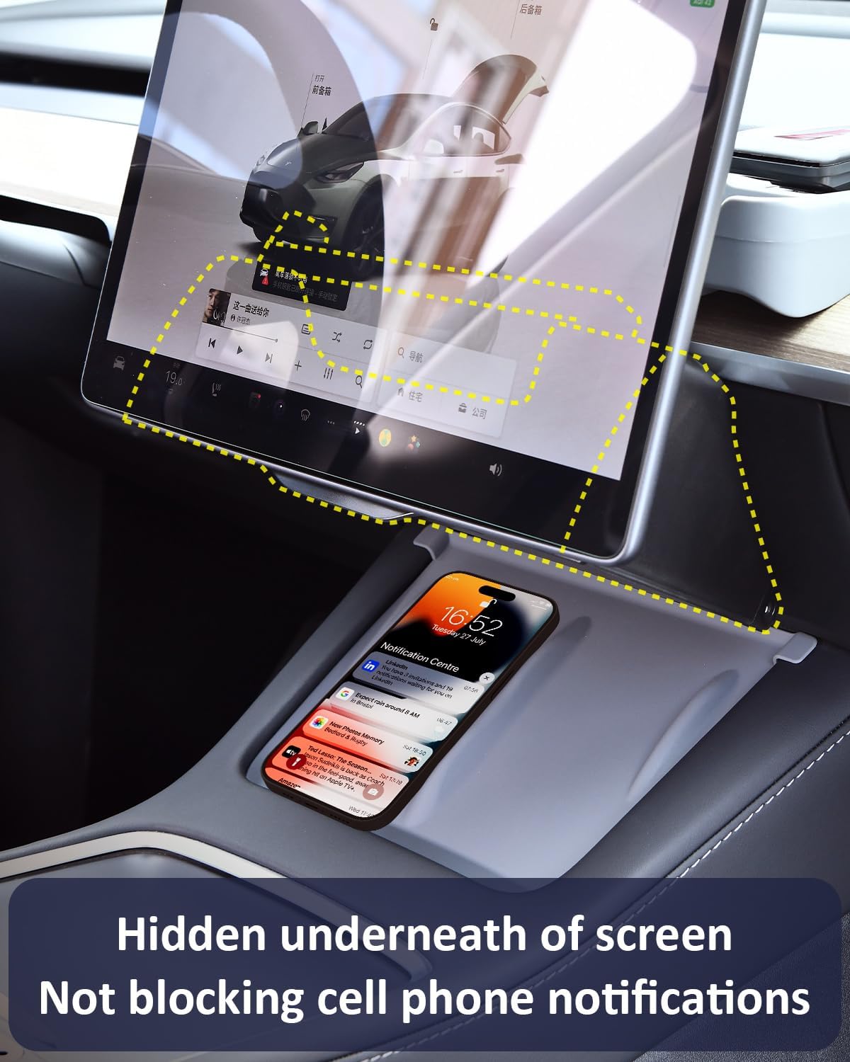 Under Screen Storage Organizer for Tesla Model Y Model 3 Accessories(include Juniper & Highland), Rattle-Free Push Latch Mechanism Perfect Fit, Tissue Dispenser, Hidden for Personal Valuables