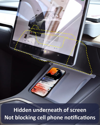 Under Screen Storage Organizer for Tesla Model Y Model 3 Accessories(include Juniper & Highland), Rattle-Free Push Latch Mechanism Perfect Fit, Tissue Dispenser, Hidden for Personal Valuables