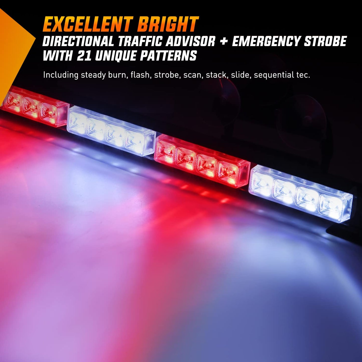 Traffic Advisor Emergency Strobe Light Bar 35Inch 32LED 21 Flash Patterns Directional Safety Warning Lights with Cigar Lighter on Trucks Police Cars Construction Vehicles