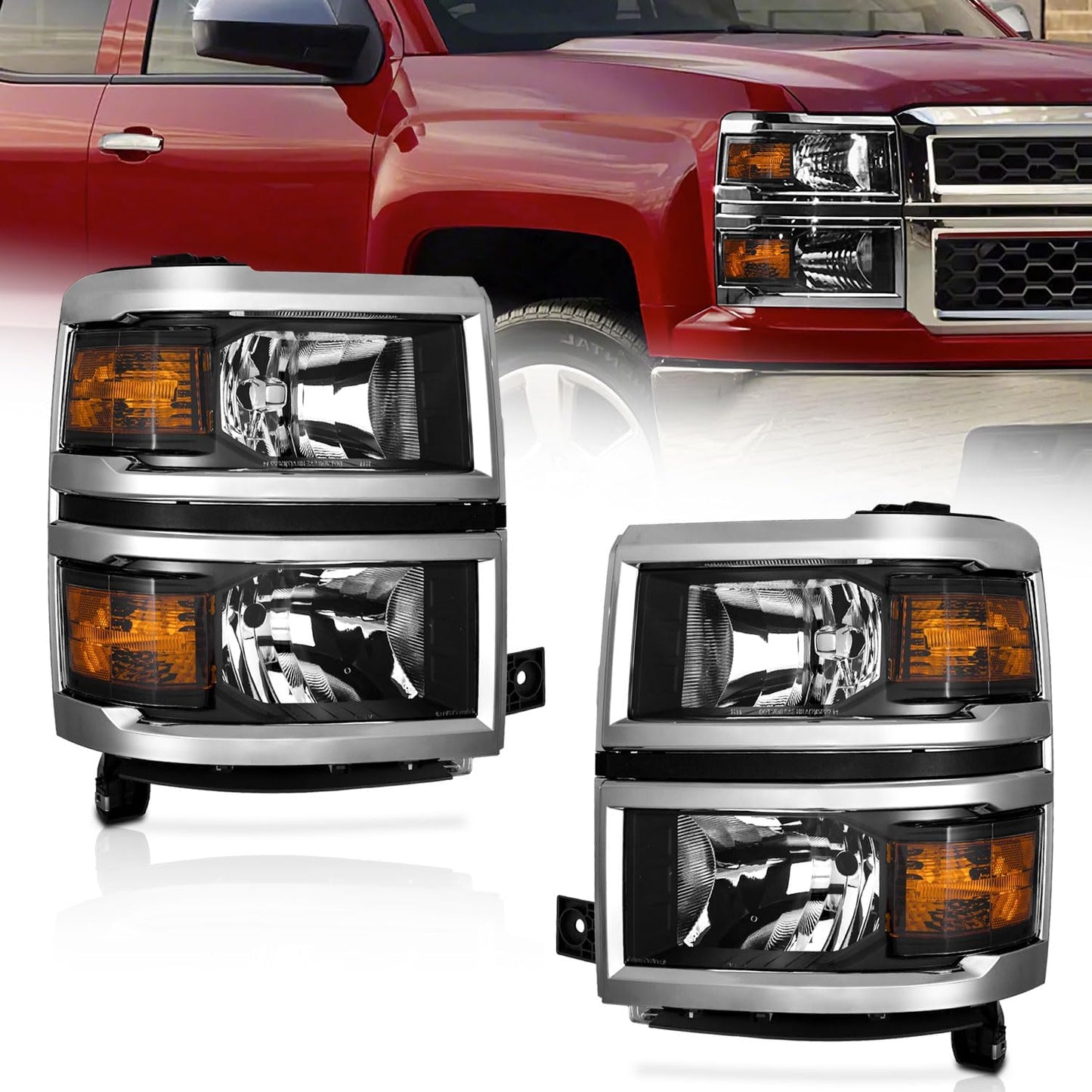 Headlights Assembly 2014-2015 For Chevy Silverado 1500 Headlight Assembly Replacement 2014 2015 For Chevy Silverado 1500 Headlamp Chrome Housing Amber Reflector Left + Right Side