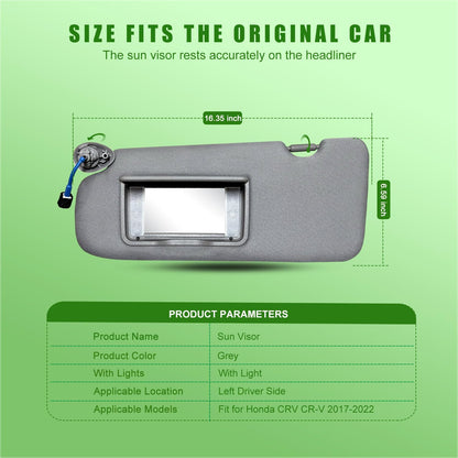 Left Driver Side Sun Visor for Honda CRV 2017 2018 2019 2020 2021 2022 Replace 83280-TLY-H11ZB with Vanity Light/with Makeup Mirror (Grey) - OMOTOR