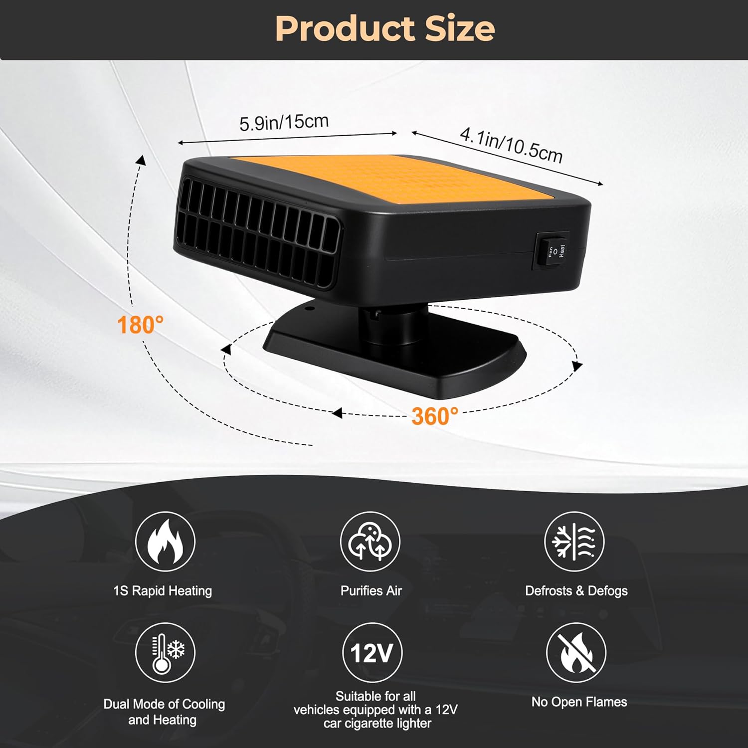 Portable Car Heater for Vehicle, 12V Car Heater Portable（ Plugs into Cigarette Lighter）, Portable Heater for Car, 360° Rotatable Car Defroster Windshield Heater (1)
