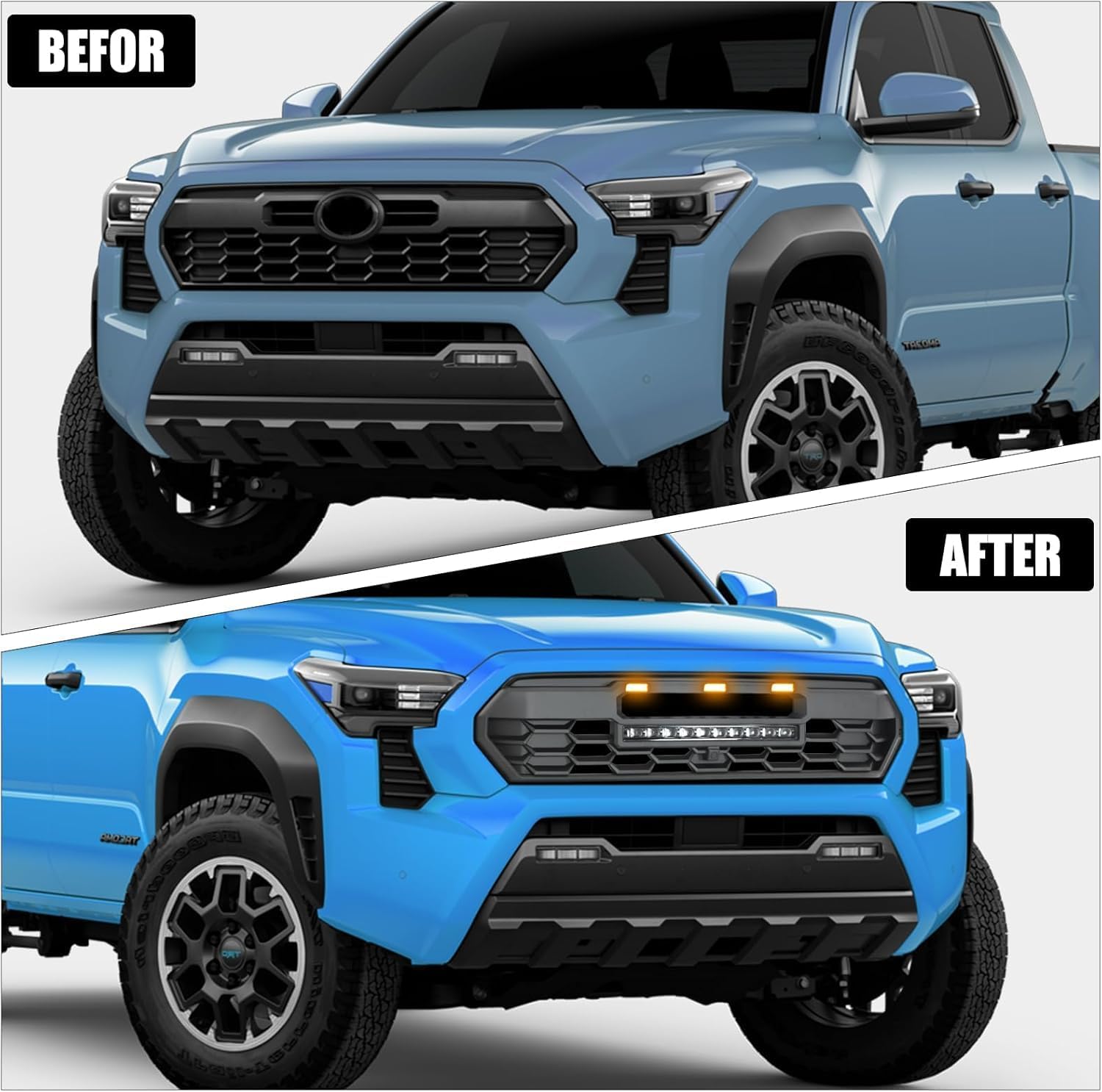 2024 Tacoma Replacement Grille, Front Hollow Grill Replacement Compatible for TACOMA 2024 Black Matte Bumper ABS Grille with LED Lights Bar+ Amber Lights