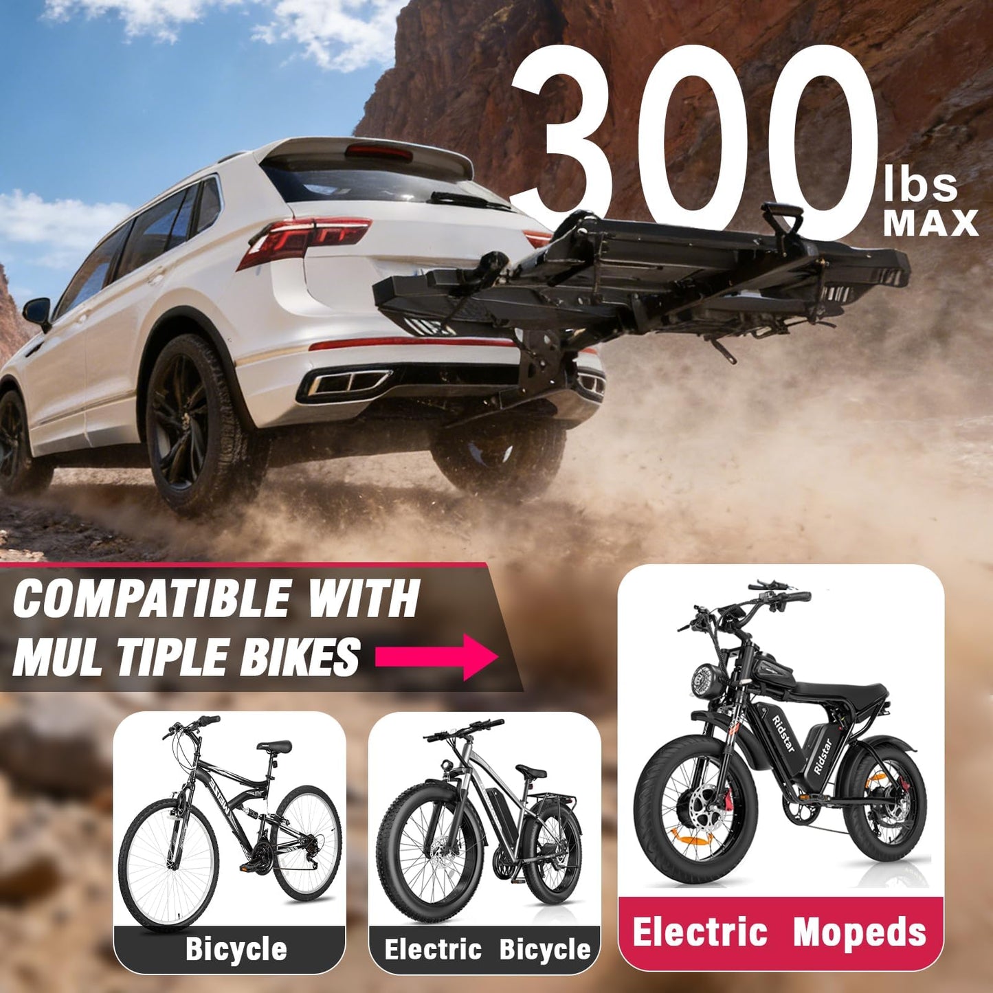 Foldable Hitch Bike Rack for 2 Fat Tire E-Bikes
