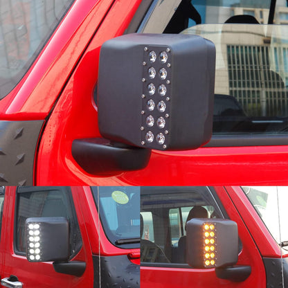 LED Side Mirror Lights Rear View Mirror Housing Replacement Cover w/Dual Row Amber Turn Signal Lights & DRL White Spot Light for Jeep Wrangler JL JLU Gladiator JT 2018-2022 2023 (Flood Lens)