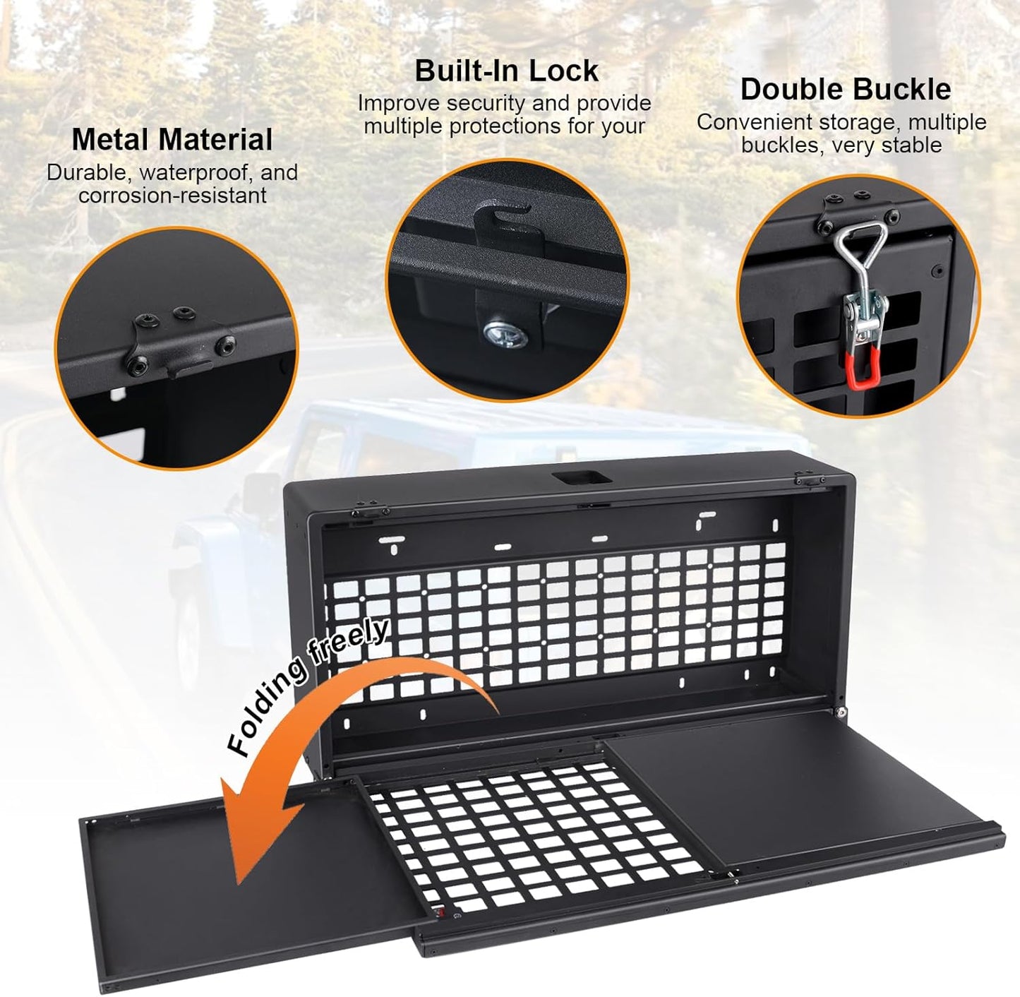 MAIKER Tailgate Table Storage Lock Box Compatible with Jeep Wrangler JK JKU JL JLU 4 Door, Multi-Functional Rear Foldable Table Cargo Shelf Storage Molle Panel Camping Desk