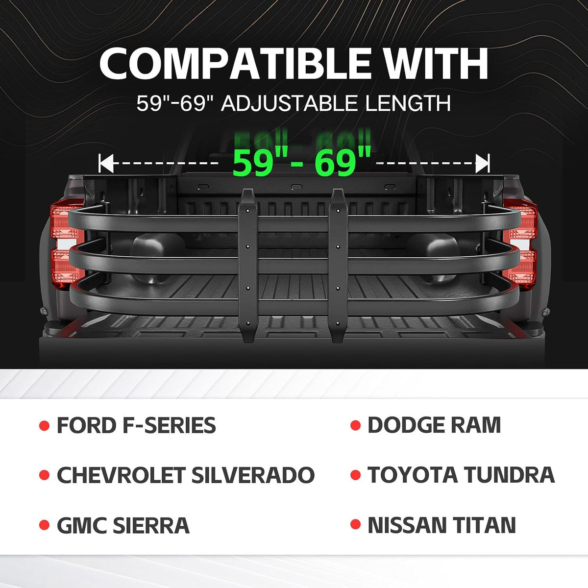Black Aluminum Truck Bed Extender Retractable 59-69 inches for Silverado Ram Tundra Ford and Other Full-Size Trucks