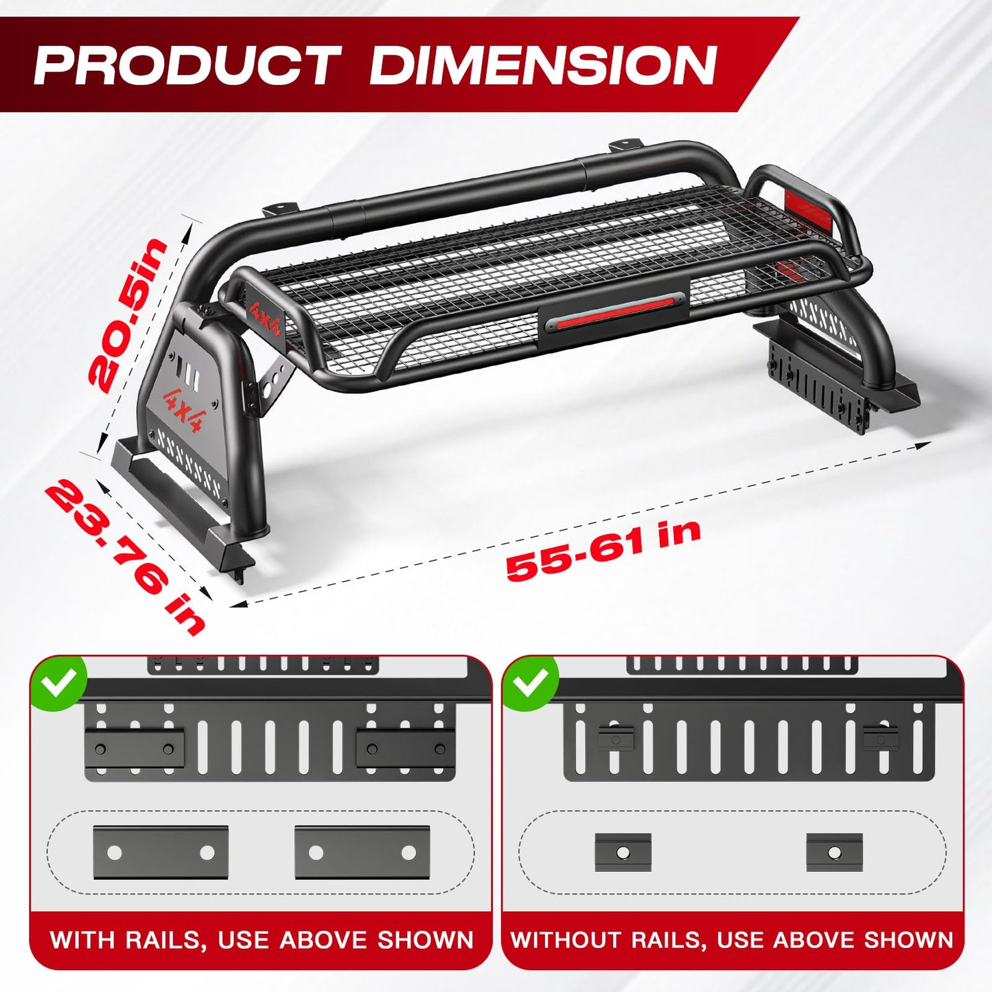 Adjustable Roll Bar for Truck with Cargo Basket Compatible with Full-Size Pickup Trucks Ford F-150, Chevy Silverado 1500, Ram 1500, GMC Sierra 1500, Tundra, Titan