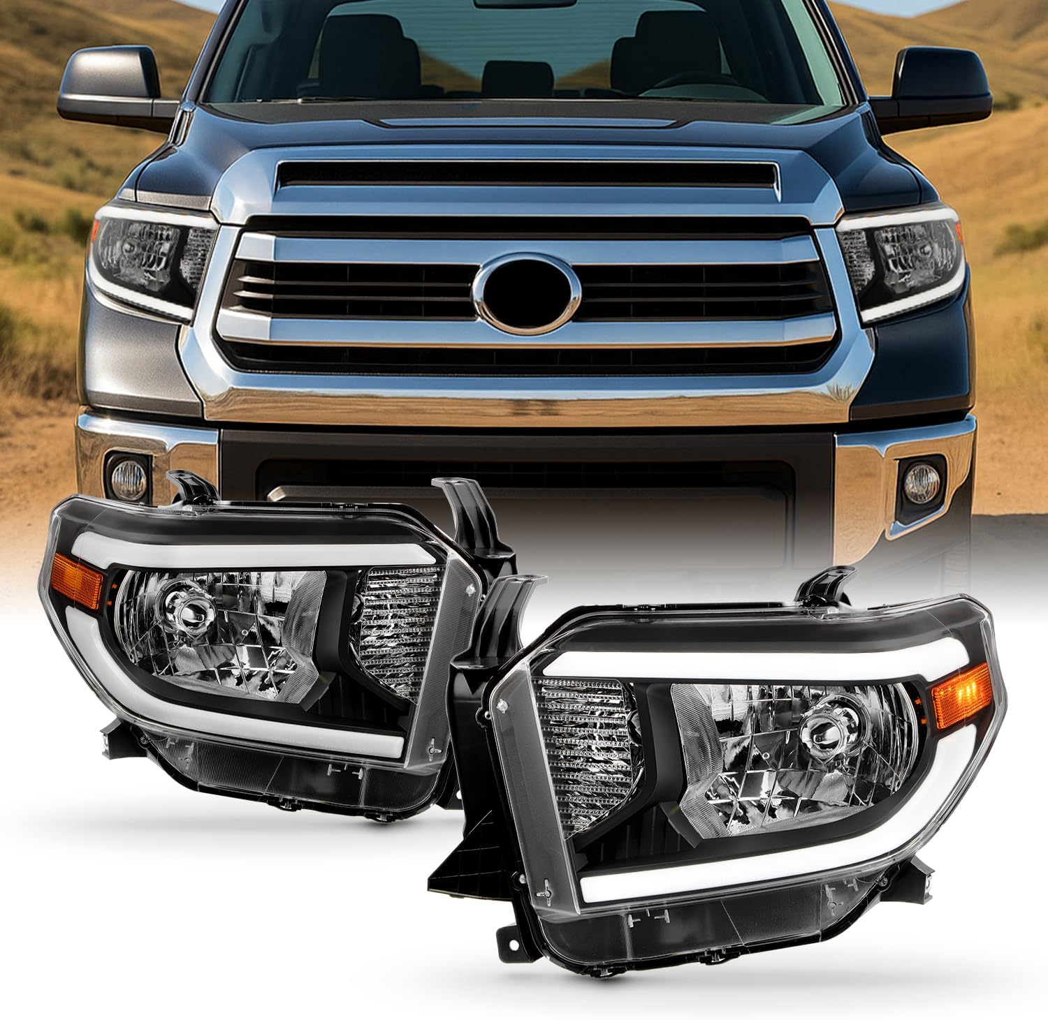 1 Pair Black Headlights w/LED Tube DRL Running Light Fits 2014-2020 Toyota Tundra