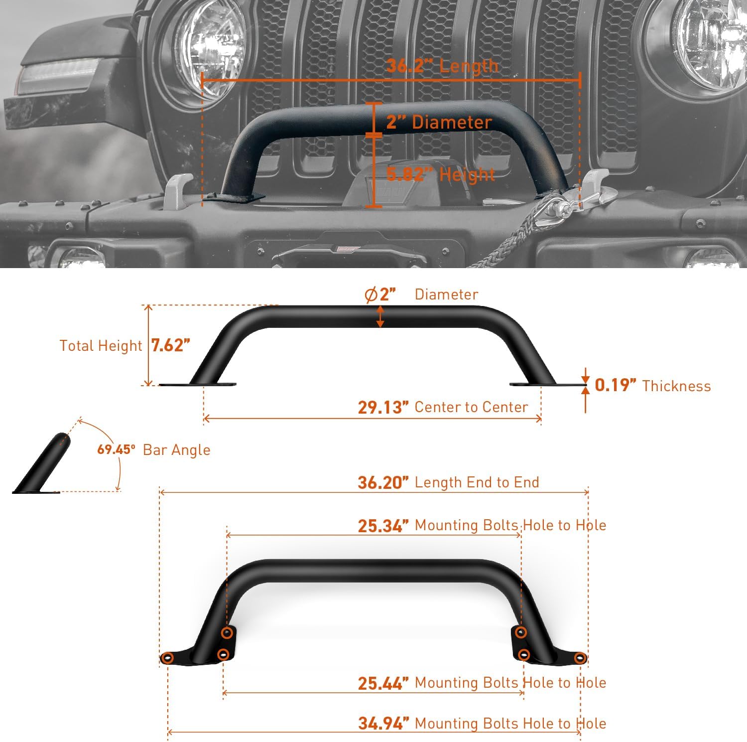 RockTrix Black Front Brush Guard, Tall 5.8 inch Height to Clear Winch, Compatible with 2018+ Jeep Wrangler JL, 2019+ Gladiator JT - Steel Bar Grille Guard for Steel Rubicon Bumper, Replaces 82215351