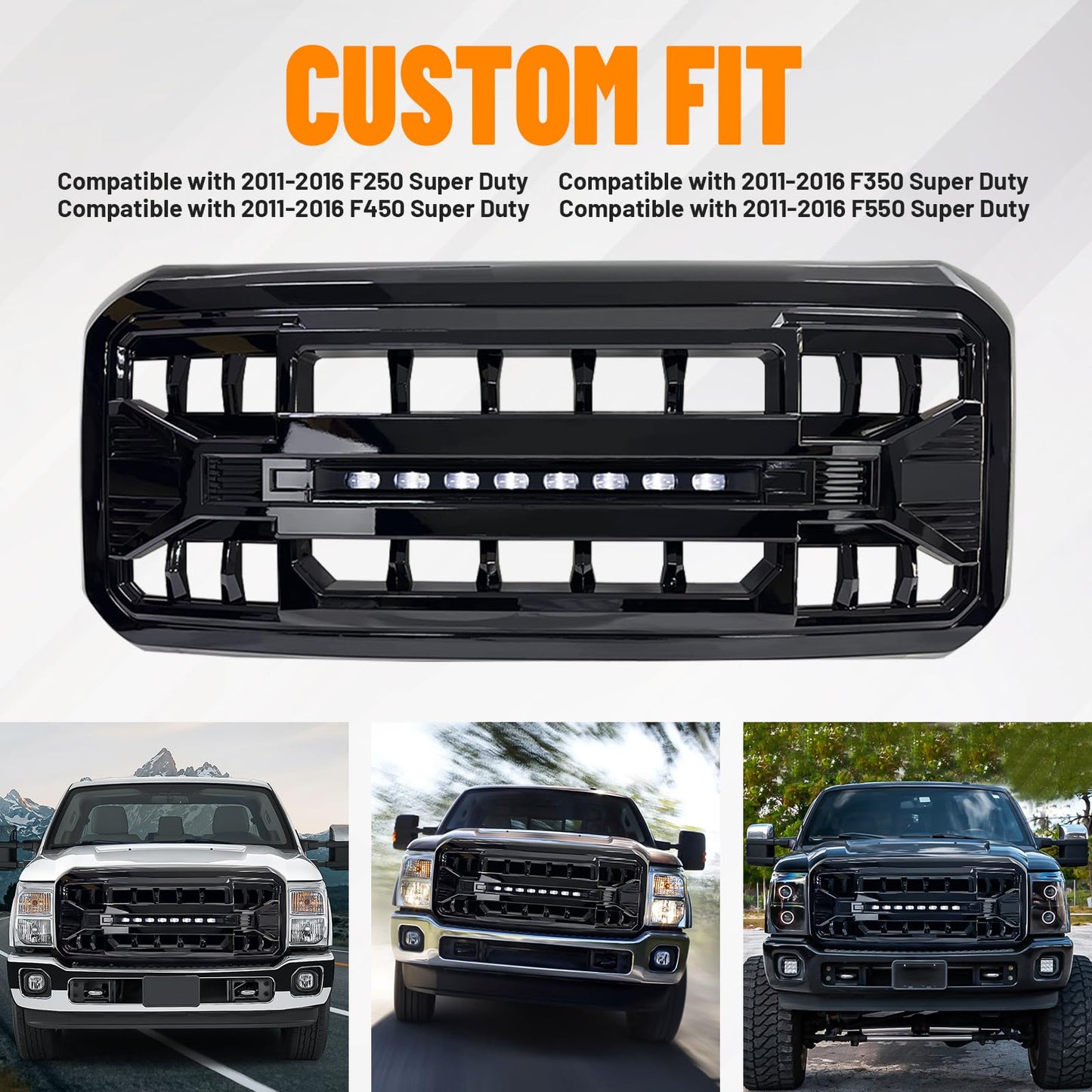 Front Grille Compatible with 2011-2016 F250 F350 F450 F550 Super Duty, Matte Black Front Bumper Grill Guard w/Off-Road Lights