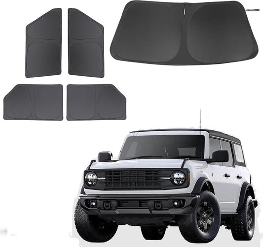 5PCS Windshield Sun Shade Custom Fit for 2021-2024 2025 Ford Bronco Accessories(Not for Bronco Sport) Foldable Sunshade Side Rear Window Shade Cover Full Set Privacy Protection