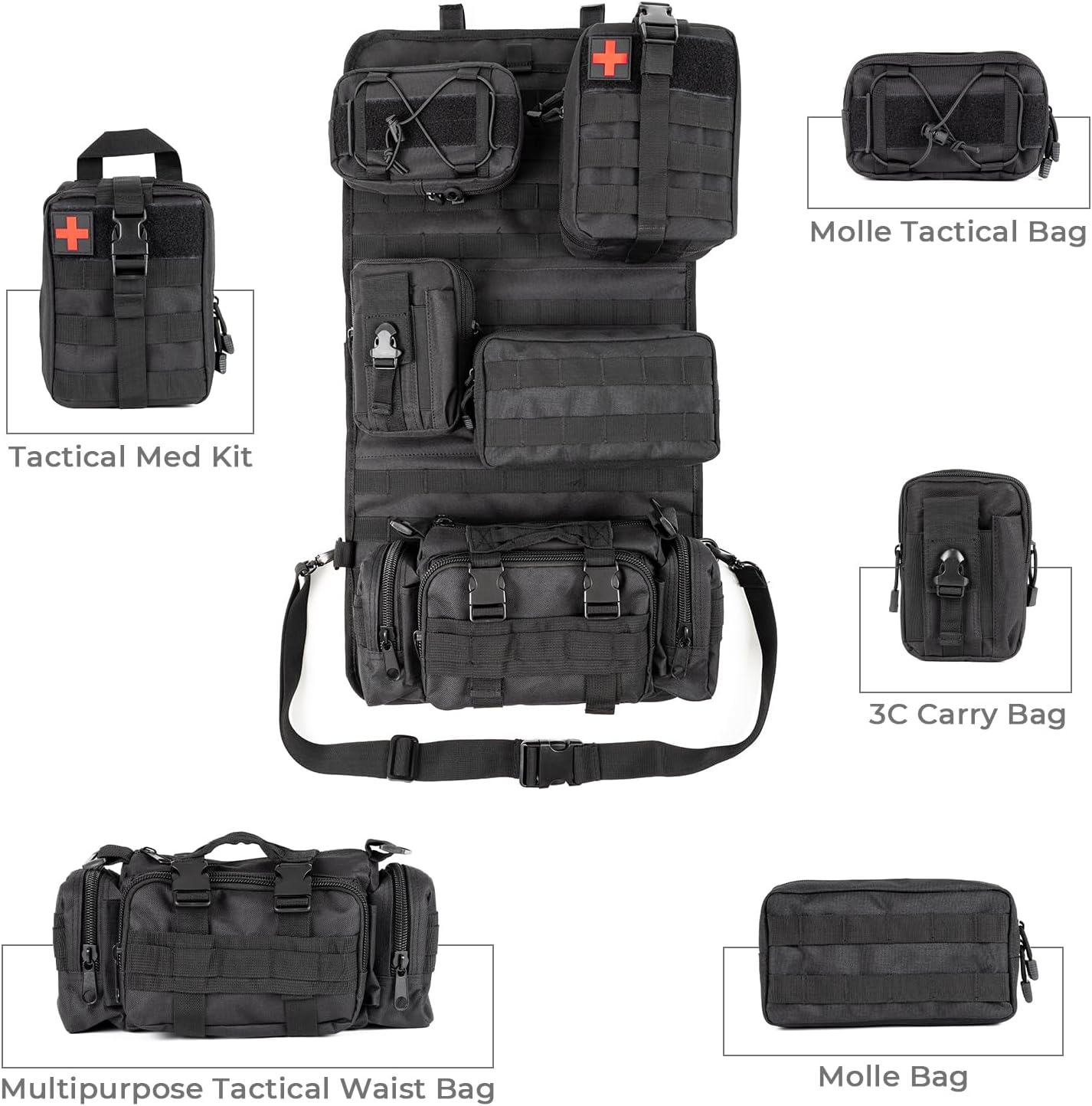 Universal Tactical Car Seat Back Organizer Patrol Bag Tactical Molle Vehicle Organizers with 5 Detachable Molle Pouches Multi-function Designed