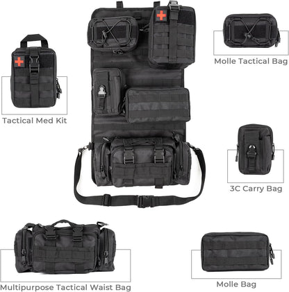 Universal Tactical Car Seat Back Organizer Patrol Bag Tactical Molle Vehicle Organizers with 5 Detachable Molle Pouches Multi-function Designed