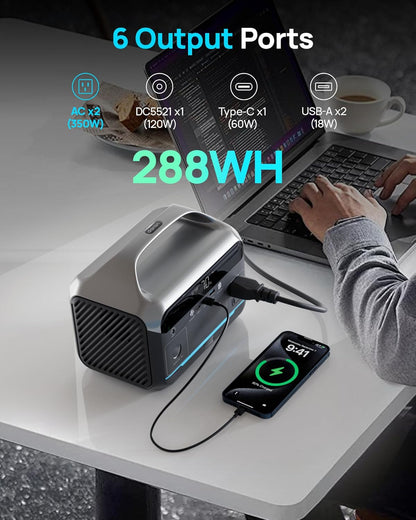 Portable Power Station 600W Surge, 288Wh (90,000mAh) LiFeP04 Battery, Solar Generator with 350W AC Outlets, 8.2LB Power Bank for Outdoor Camping, CPAP, Home & Emergency