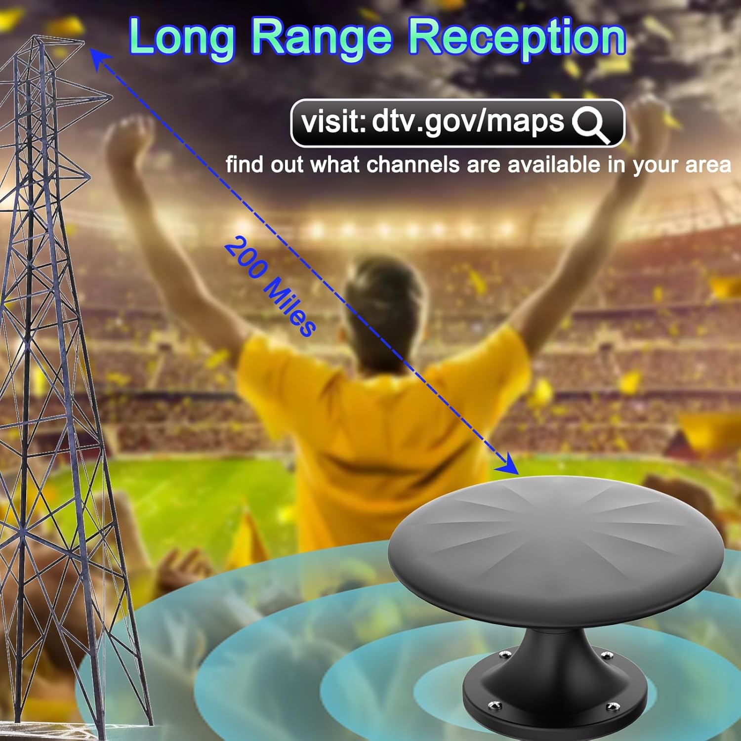 RV Antenna for Camper, RV TV Antennas Roof Mounted, 720° Long Range Omni Directional Reception Digital HD Antenna Signal, with Super Signal Booster, 35ft HDTV Cable. (Black)
