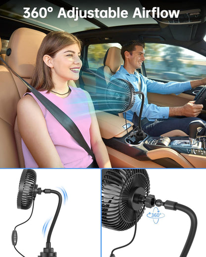 12V Car fan, 3-Speed Portable Vehicle Cooling Fan for Front Seat, Cigarette Lighter Powered with Car Charger, Mounted in Cup Holder, 360° Rotation, Car Necessities for Dog/SUV/RV/Truck/Van