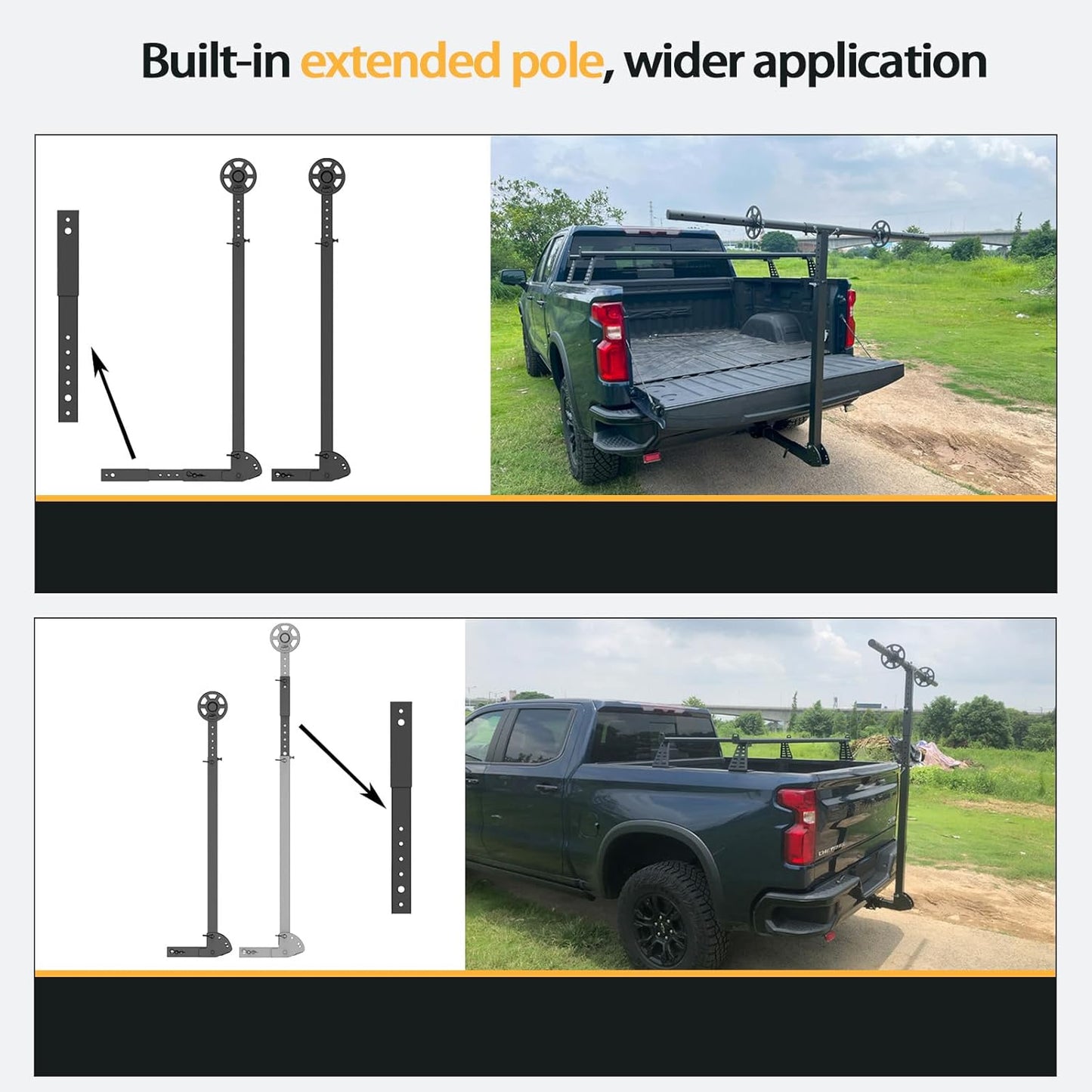 Adjustable Truck Bed Extender Hitch Mount for Trucks & SUV, Kayaks, Ladders, Lumber & Oversized Cargo, Reflective Tape
