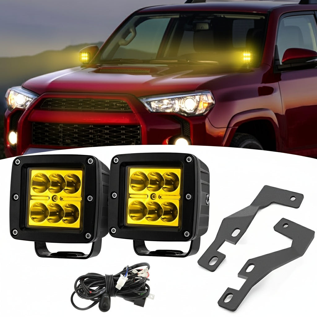 Wsays 2Pcs LED Light Pods & Ditch Hood Hinge LED Pod Mount Bracket w/Wiring Kit Compatible with Toyota 4Runner 2010-2023
