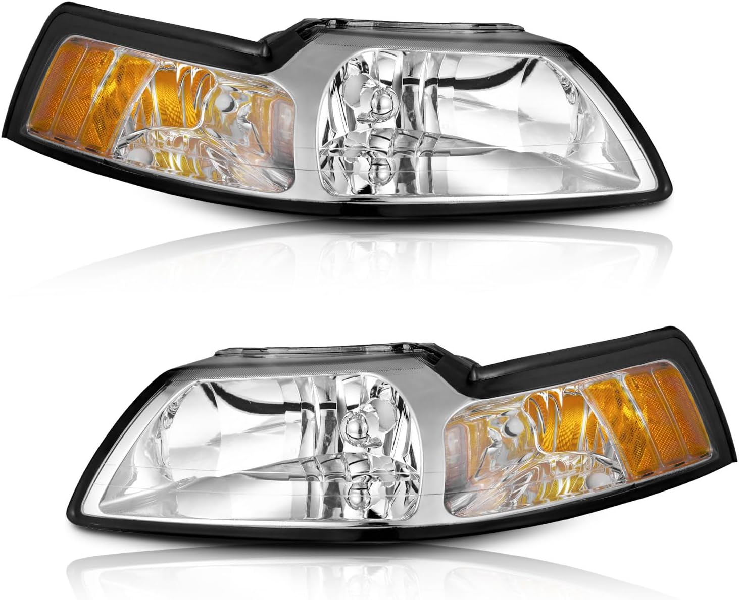 Halogen Headlights for 1999-2004 Ford Mustang Headlight Assembly Pair Replacement for 1999 2000 2001 2002 2003 2004 Mustang Chrome Housing