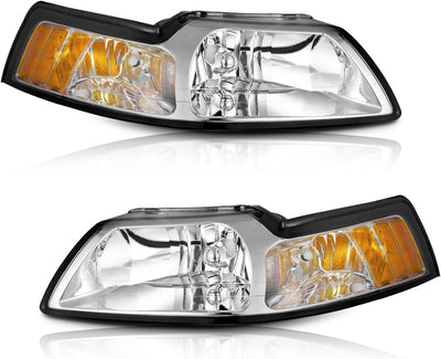 Halogen Headlights for 1999-2004 Ford Mustang Headlight Assembly Pair Replacement for 1999 2000 2001 2002 2003 2004 Mustang Chrome Housing