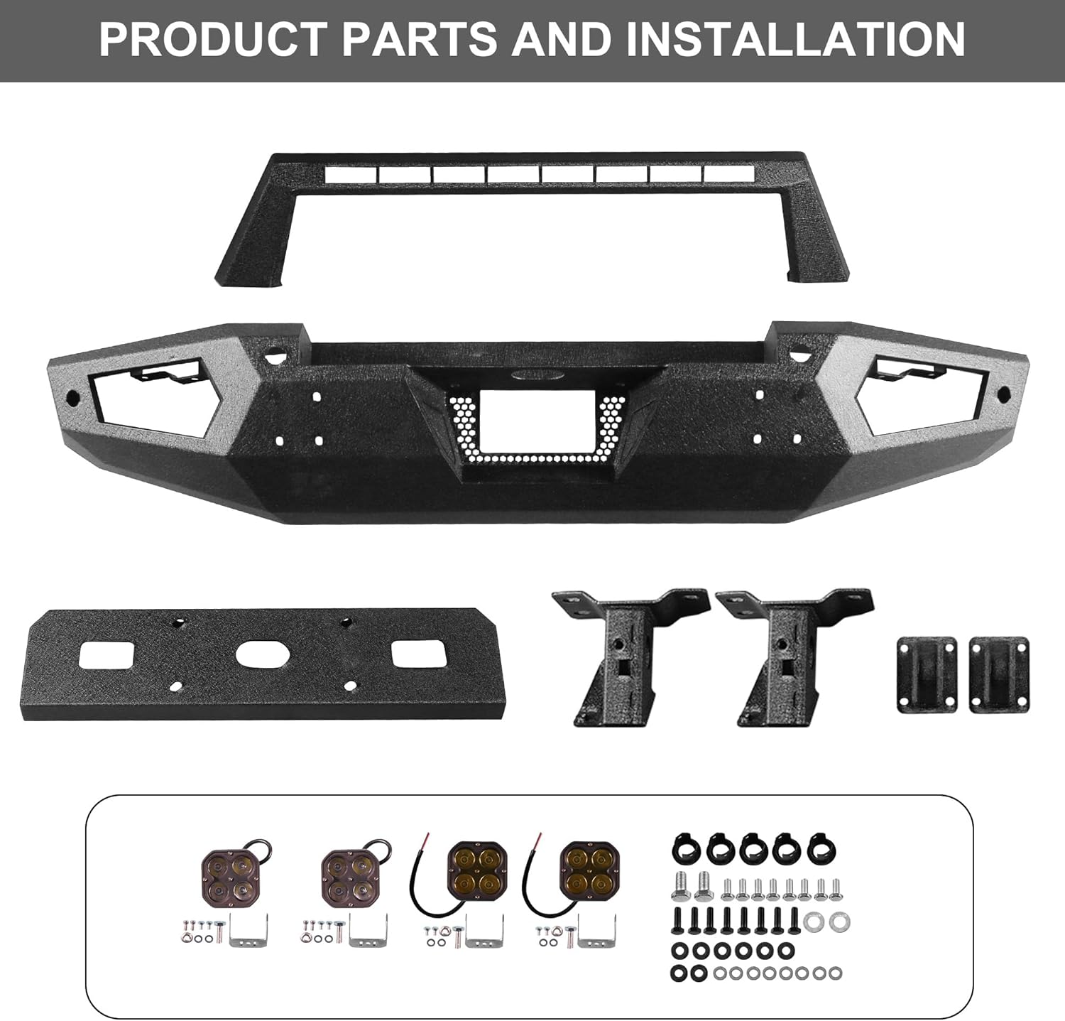 Off Road Front Bumper Fit for Ford Bronco 2021 2022 2023 2024 2025, Heavy Duty Steel Bumper Fit for Bronco 2/4 door W/Winch Plate, 4 x Lights, Sensor Holes, Shackle Mounts
