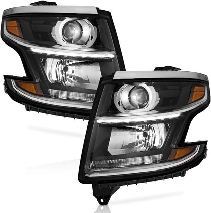 Headlights for 2015-2020 Chevy Tahoe/Suburban & 2016-2019 Chevy 3500HD - Chrome/Black Housing with Amber Reflector - OMOTOR