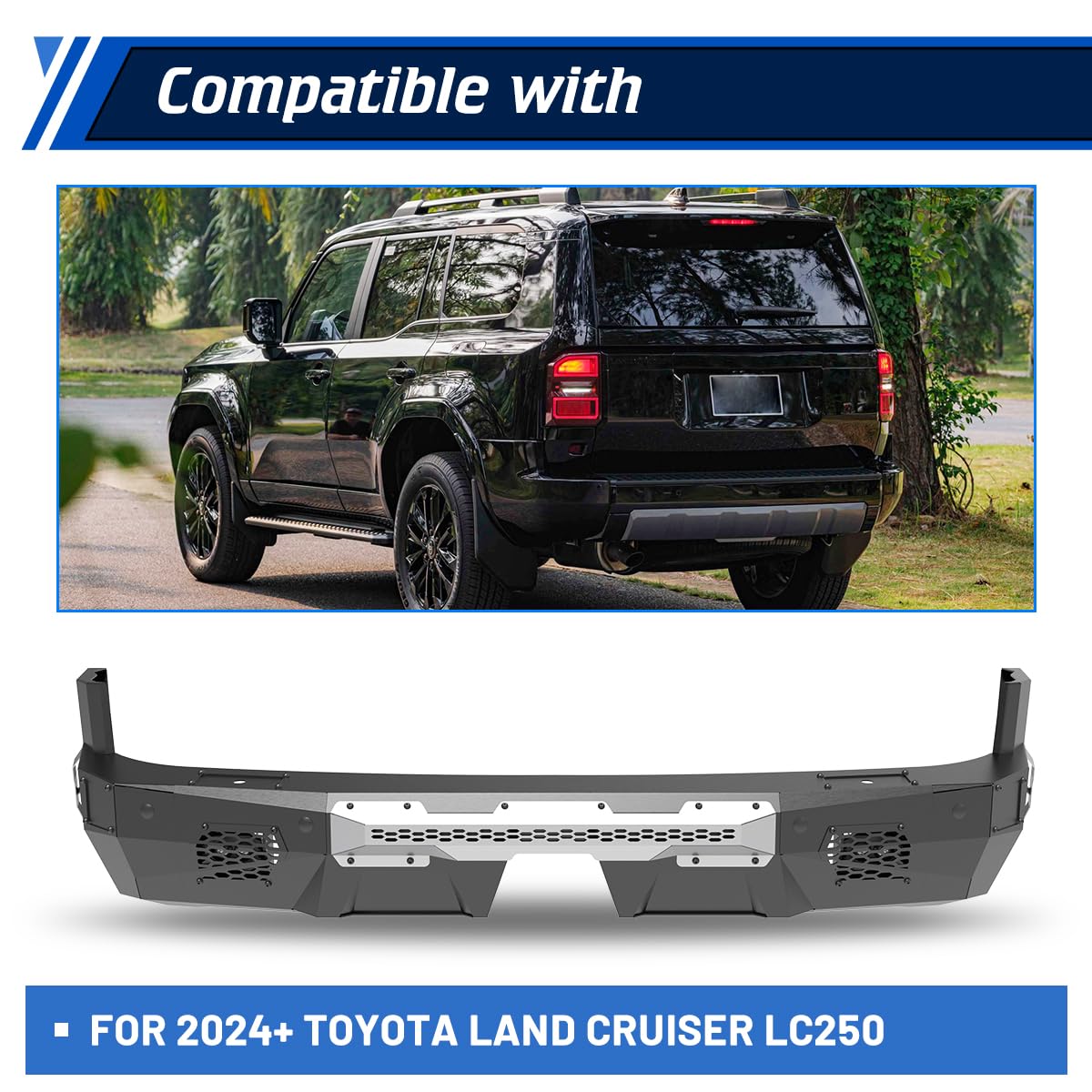 Rear Bumper Compatible with Toyota Land Cruiser LC250 2024 - 2026 with Side Wings & 2 * LED Pod Lights