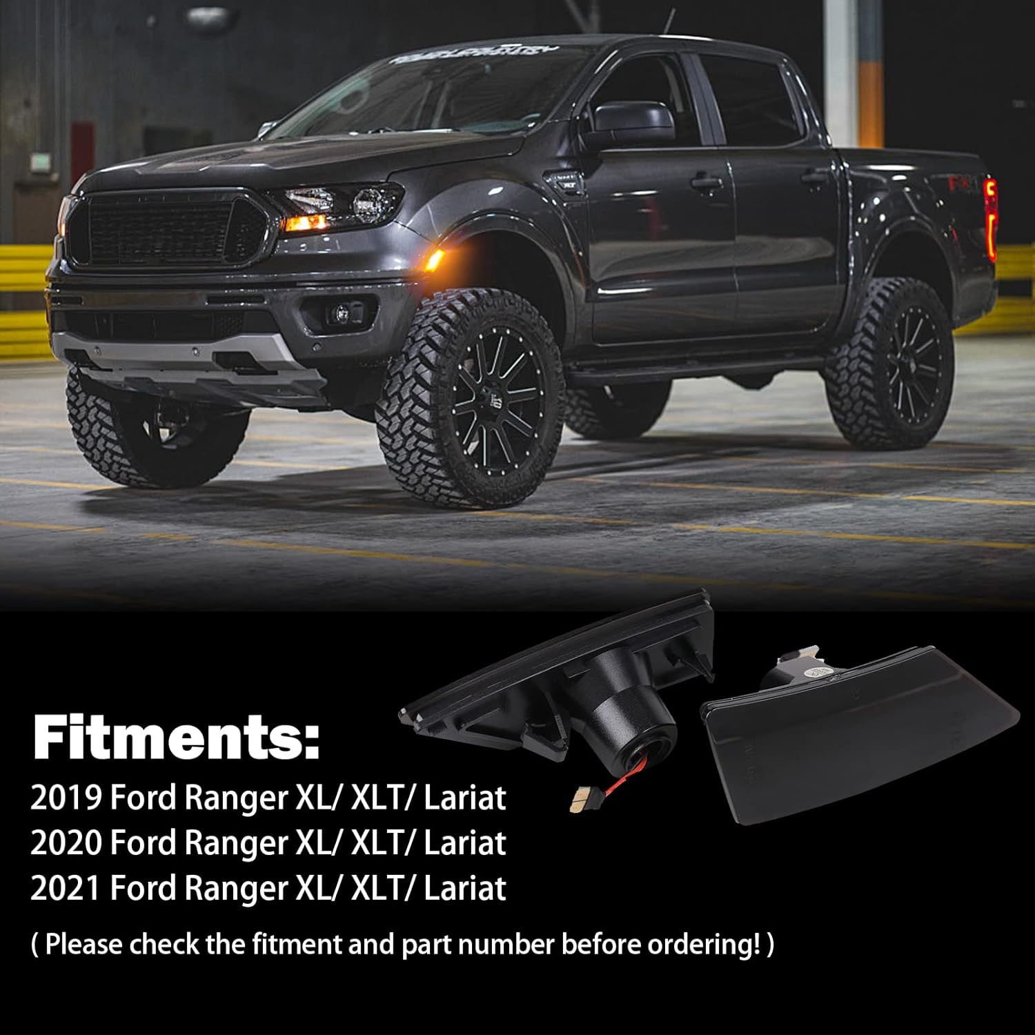 LED Side Marker Lights for Ford Ranger Lariat XL XLT 2019 2020 2021 2022 Ranger Smoked Lens Black Side Markers Fender Lamp Full Amber LED Strip Front Bumper Side Marker Turn Signals Side Light Lamps