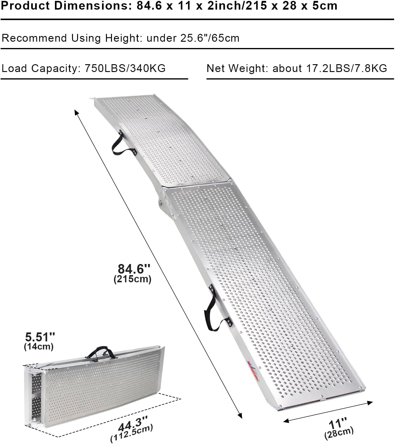 7.5'L × 11" W Folding Loading Ramp, 750 lbs Capacity, Aluminum Portable ATV UTV Ramp/Motorcycle Ramp/Truck Ramp for Dirt Bikes,Carts,Trucks,Lawn Mowers,Snow Blowers Pickup,1 PC Silver