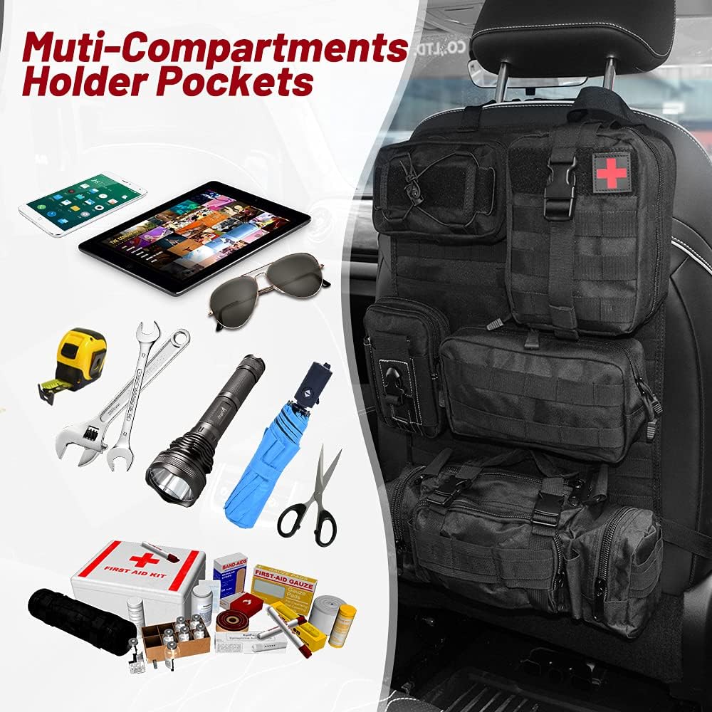 Tactical Seat Back Organizer Storage Hanger Bag with 5 Detachable Molle Pouch fits for All Vehicel
