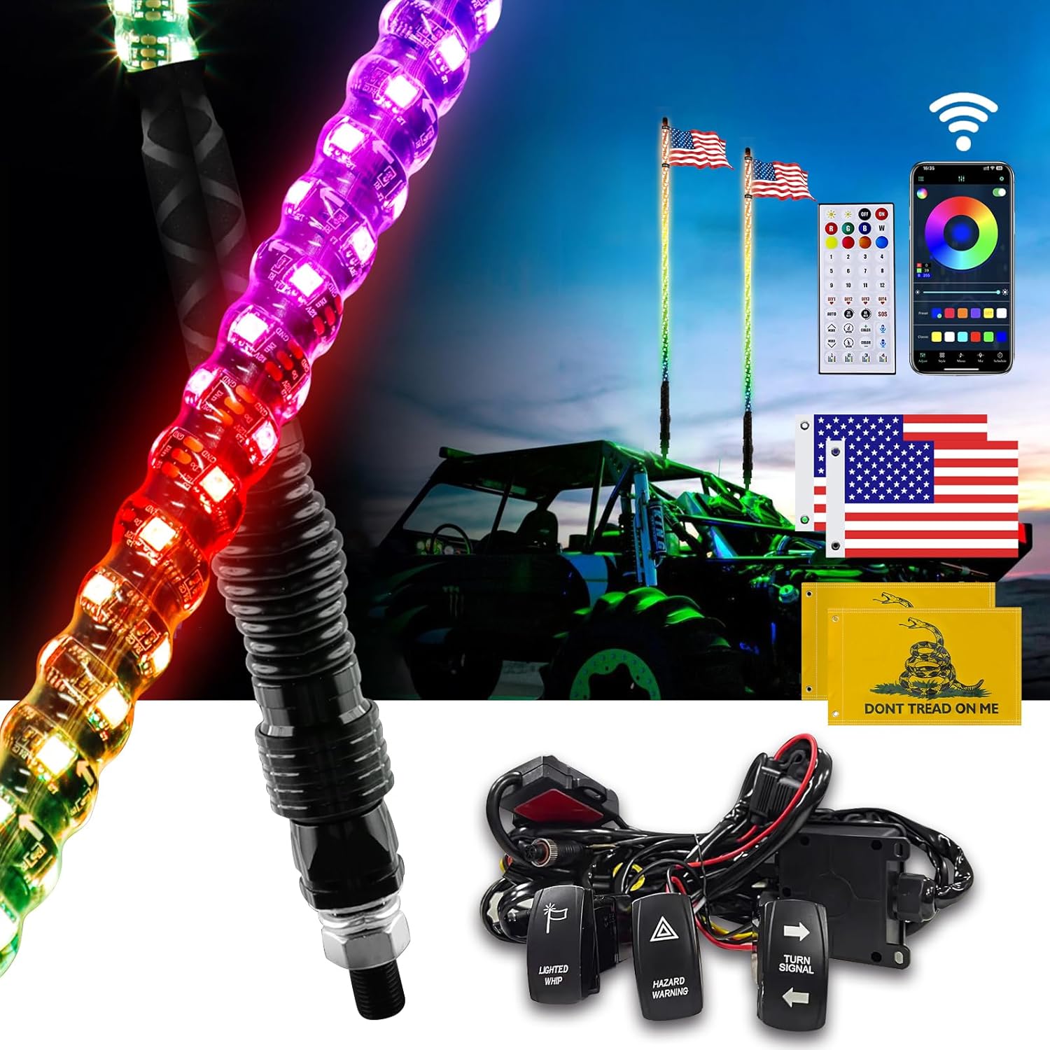 2pcs 4ft LED Whip Lights New Upgrade Spring Base with Bluetooth and Remote Control Spiral RGB Chase Light