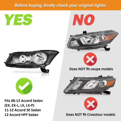 Headlights Assembly Pair For 2008-2012 Honda Accord 4Dr (Excludes Coupe & Crosstour Models)
