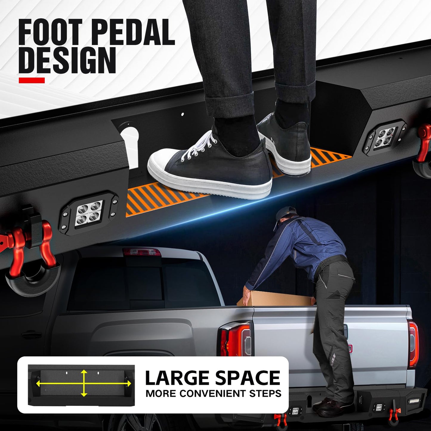 Rear Bumper Compatible with 2016-2023 Toyota Tacoma 3rd Gen with 4 x 18W LED Lights, Paintable Armor & D-rings, Sensor Holes