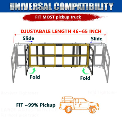 Universal Pickup Truck Bed Extender Rack, 46 to 65" Foldable Adjustable Width for Ford Toyota Nissan Chevy GMC Hyundai Dodge