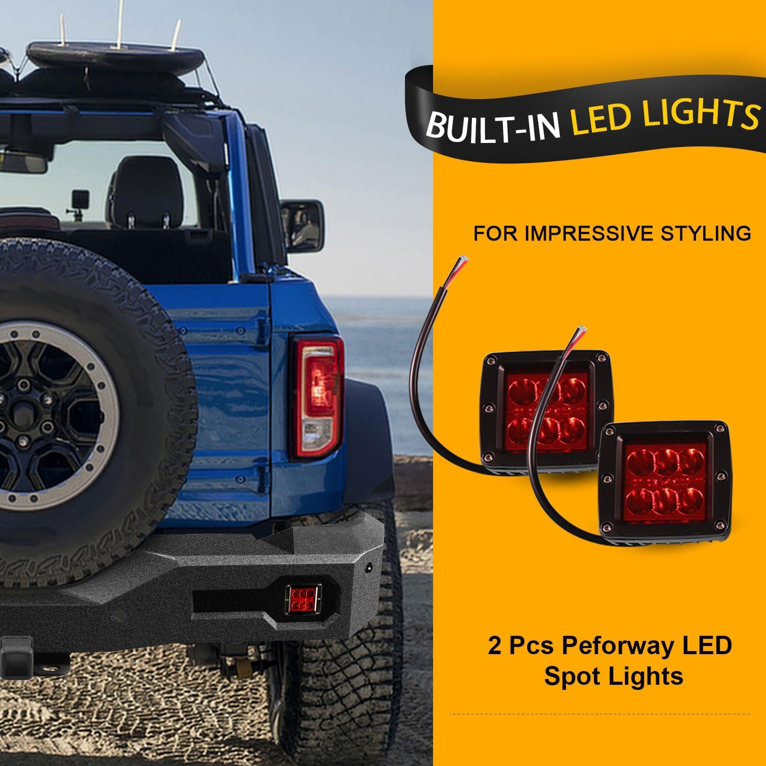 Off Road Rear Bumper Fit for Ford Bronco 2021 2022 2023 2024 2025, Heavy-duty Steel Bumper with 2 Red Lights, Hitch Receiver, Sensor Holes Not for Bronco Sport