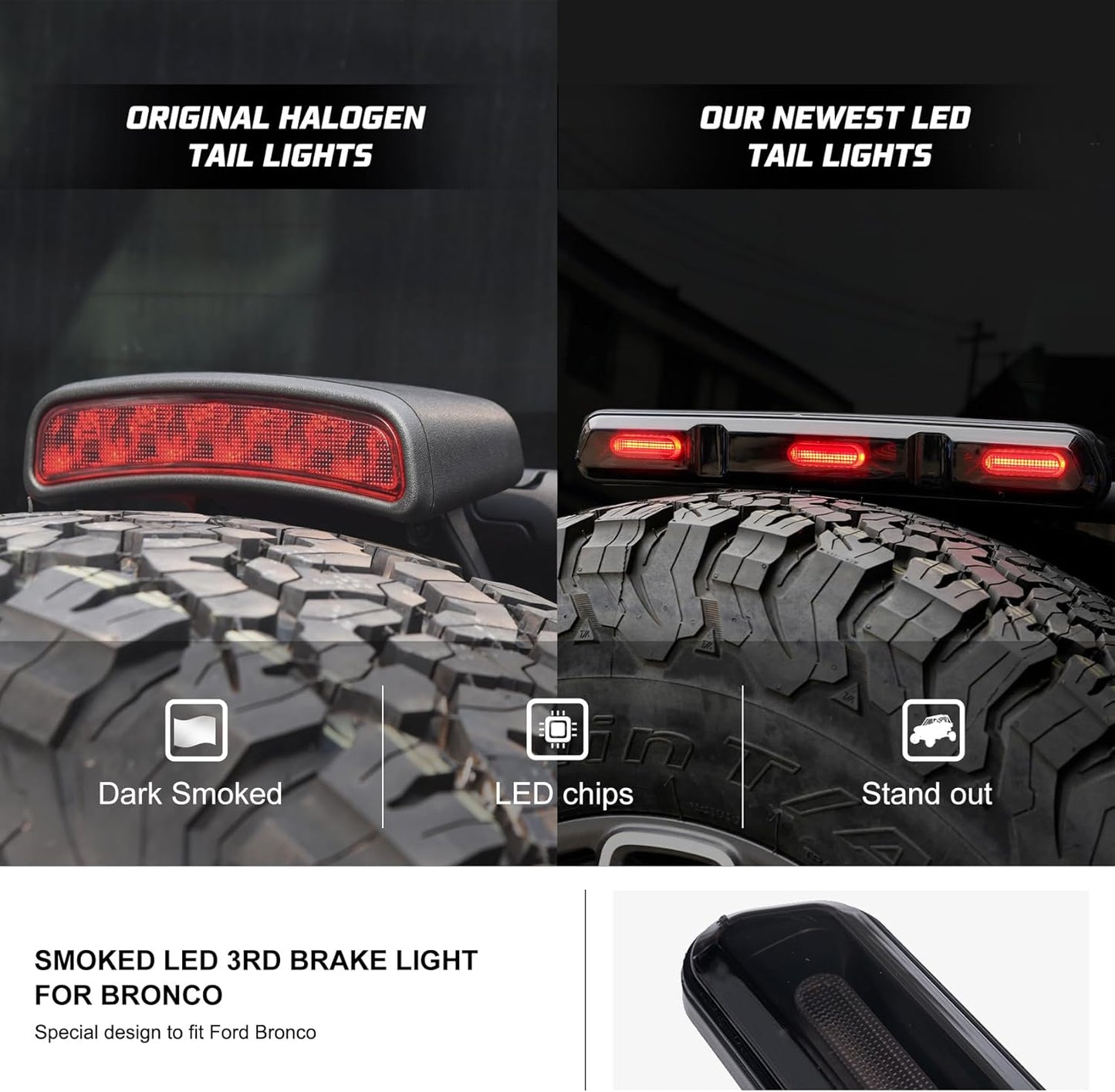 Kiwi Master Smoked LED 3rd Brake Light for 2021-2025 Ford Bronco Accessories Third Brake Light High Mount Stop Light