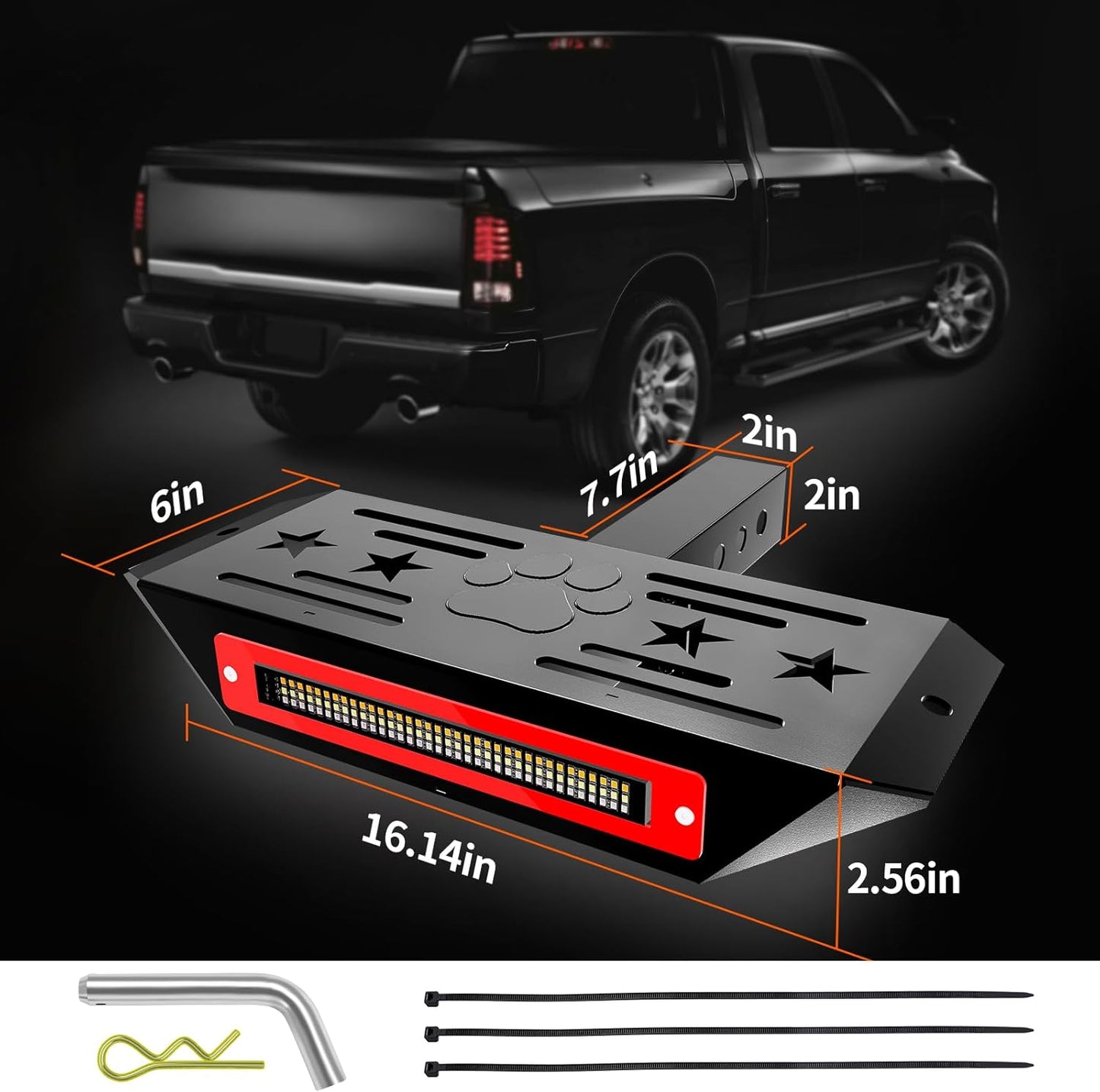 Hitch Step with Light and Whip Mount Holes, 108 LED Brake Lighting(6 Mode) Fit 2" Receiver Steel Construction Powder Matte Coated for Trucks Chevy Ford Toyota GMC Dodge RAM Jeep ATVs SUVs Vans