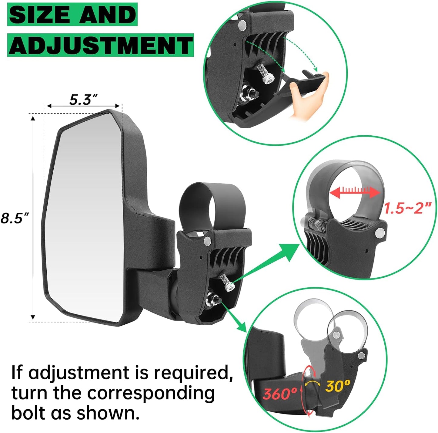 UTV Side Mirrors,You No Longer Need to Adjust by Hand,Innovative Automatic Reset Function,for 1.5"-2.0" Roll Cage,Compatible with Polaris RZR,Can Am Maverick,Honda Pioneer SXS,Kawasaki Mule